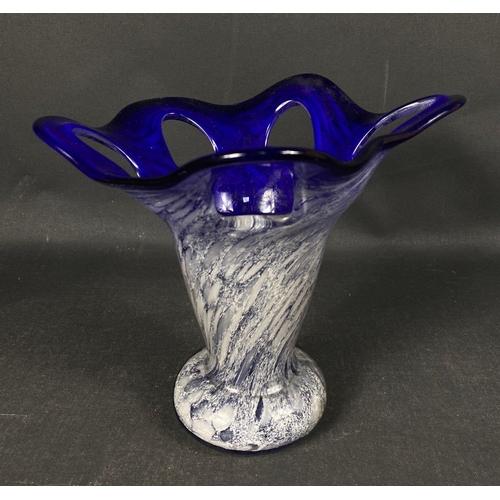 104 - Attractive blue swirled glass vase unsigned, approx. 19cm tall#115