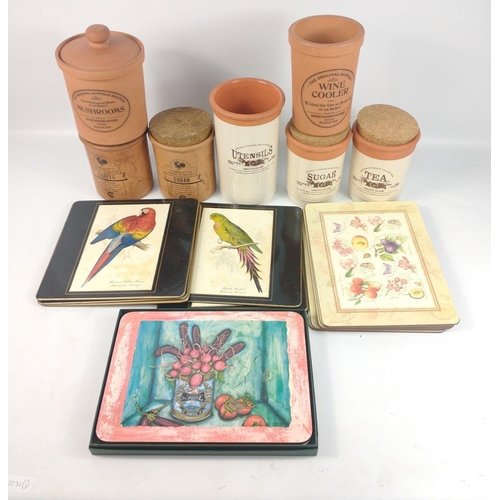 109 - A box of various kitchen storage jars including a mushroom pot from the original Suffolk Keeper also... 