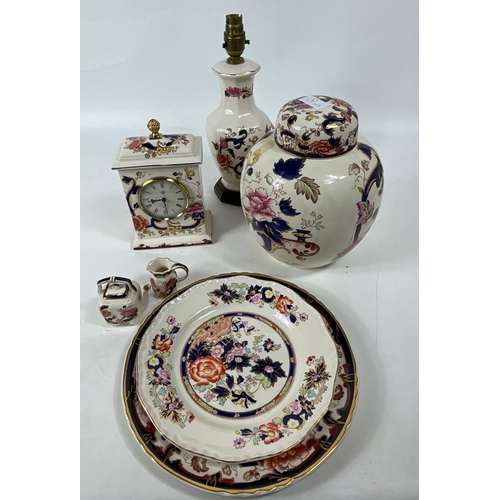 114 - A collection of MASON'S Ironstone pottery in the MANDALAY pattern to include a mantel clock (approx ... 