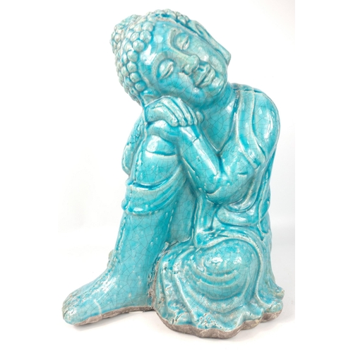 119 - FABULOUS PATINA turquoise-blue crackle glaze stone ware oriental SLEEPING BUDDAH statue of substanti... 