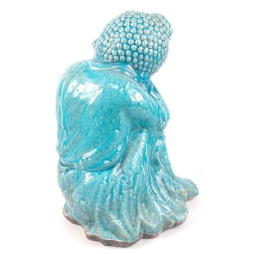 119 - FABULOUS PATINA turquoise-blue crackle glaze stone ware oriental SLEEPING BUDDAH statue of substanti... 