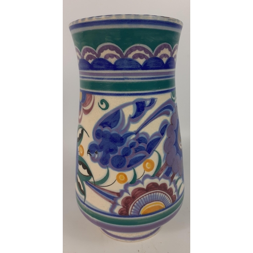 128 - A vintage POOLE POTTERY 22cm tall vase in the BLUE BIRD pattern , the vase has a number of hairline ... 