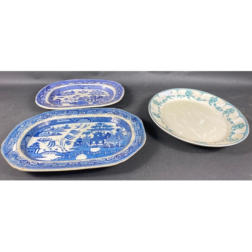 135 - Three large antique meat platters to include, Wedgwood Reine 40cm approx and two similar sized blue ... 