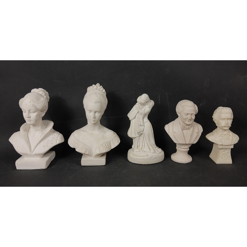 138 - Five white marble style busts, one of a Romeo and Juliet 18cm tall, plus 2 ladies (approx 20cm tall)... 