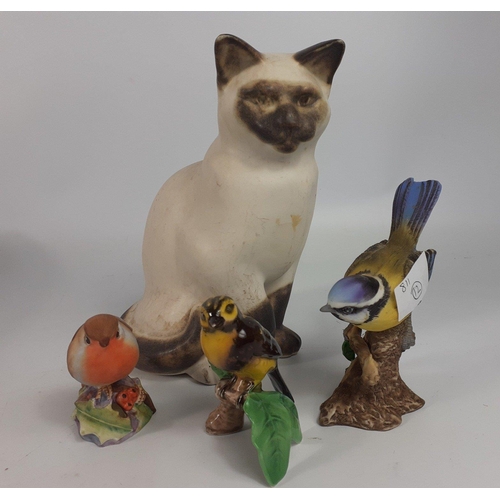 148 - A ceramic SIAMESE cat 20cm tall and 3 small ceramic birds by various makers#159