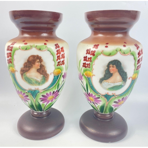 149 - A very attractive pair of hand painted milk glass vases with floral finish and superb portraits of y... 