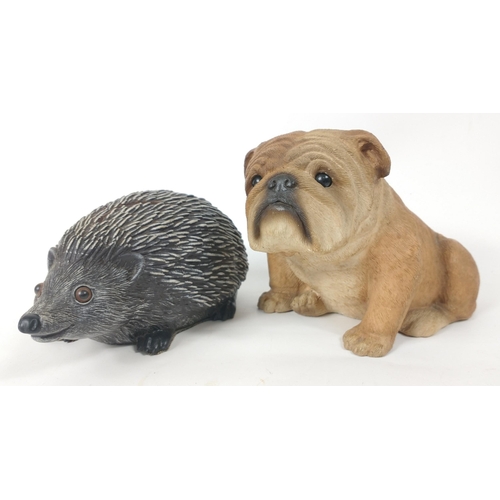 156 - A heavyweight bulldog (14cm high) by SANDICAST hand-painted and signed by SANDRA BRUE and a hedgehog... 