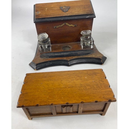 159 - A vintage TALLENT wooden musical box (not working) 19x9x7cm approx), and a wooden STATIONERY box wit... 