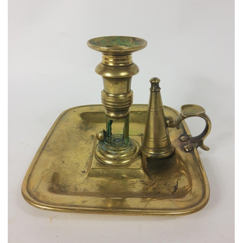 163 - An antique brass push-up candle holder tray and snuffer 17x14cm#174