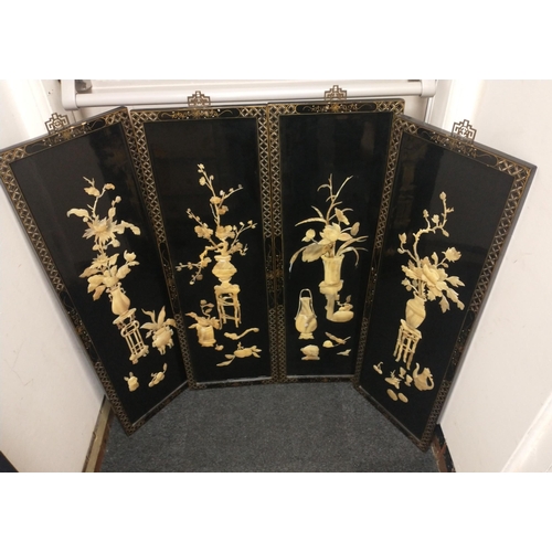 198 - Four large Oriental lacquer and mother of pearl panels with raised floral decoration 92x30cm approx,... 