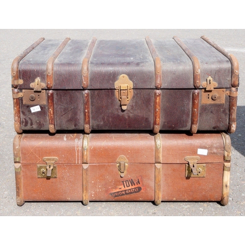 247 - TWO VINTAGE c1920's STEAMER TRUNKS with wooden bentwood bindings - dimensions each 92cm long x 50cm ... 