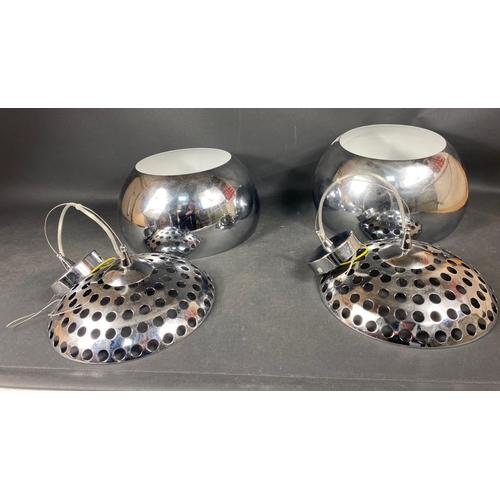 296 - A pair of stylish retro-style stainless steel hanging orb ceiling lights with all fittings - diamete... 