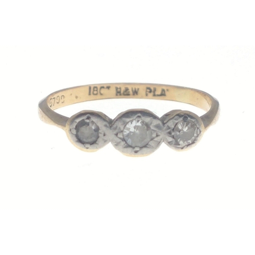 3 - An 18ct yellow gold stamped trio of diamonds (tested)set rings and size L - gross weight 1.61g appro... 