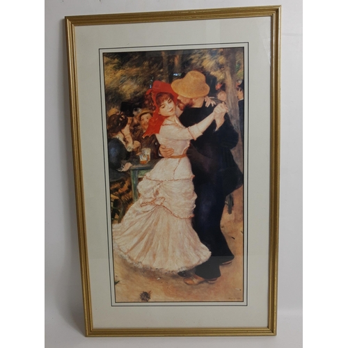 310 - A framed print of RENOIR's Dance at Bougival frame size 79x49cm, an unframed canvas print of the Eif... 