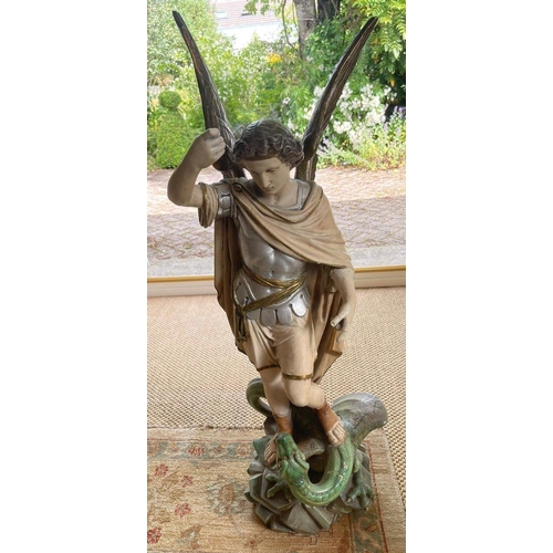 322 - ANTIQUE plaster of Paris St GEORGE SLAYING THE DRAGON statue inspired possibly French - 1m tall - th... 