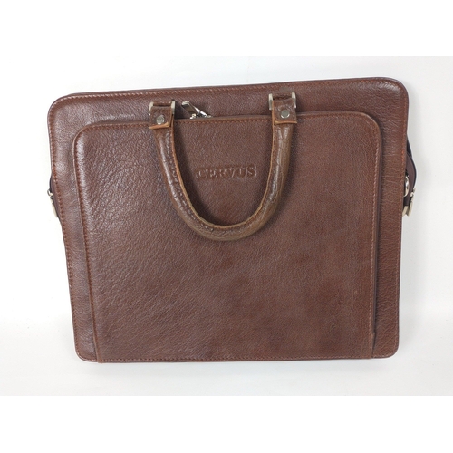 330 - A brown leather laptop bag by CERVUS with 2 outer zipped pockets including one with sections for cre... 