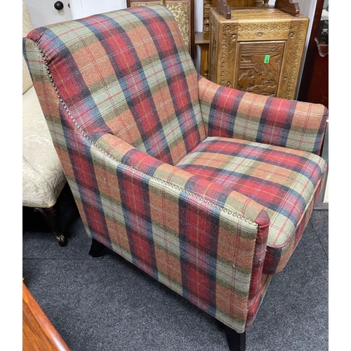 351A - A BEAUTIFUL large check- pattern comfy armchair - in nice condition - dimensions 95cm height x 80cm ... 