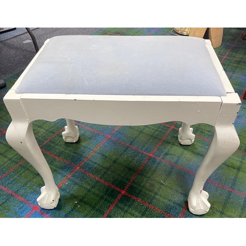 353 - A nice old stool up-cycled with white paint and a light grey fabric covered seat, supported on legs ... 