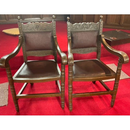 382 - A pair of VICTORIAN CHURCH carved oak and brown leather seat padded armchairs - all beautifully hand... 