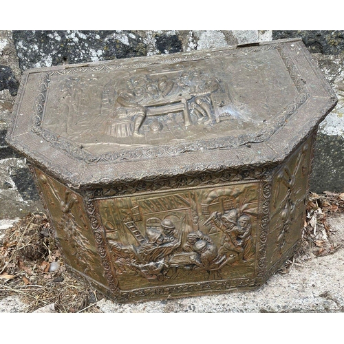 384 - UNUSUAL!! Brass repousse tavern scene large fireside log box - 65cm width x 59cm depth x 50cm height... 