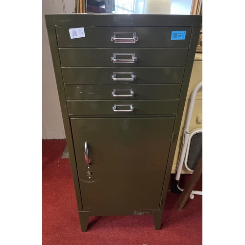 385 - A traditional professional green office filing drawer cabinet and lockable cupboard with 2 spare key... 