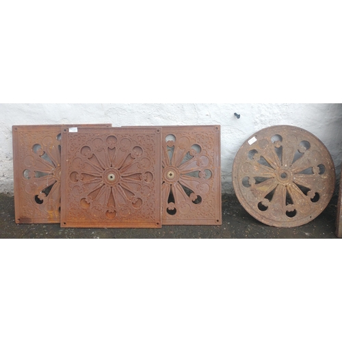 392A - Three Victorian cast iron ventilation wall plates with a square key to adjust opening, 3 are 45x45cm... 