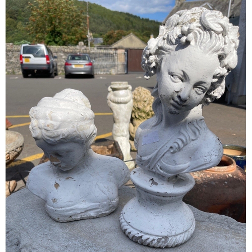 406 - Two white painted stone effect garden bust statuettes - tallest one being 50cm height#422