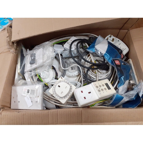 416 - A box of electrical wares including cables, switches and timers#435