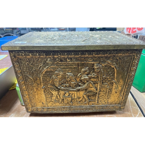 420 - A brass vintage log box with Bavarian tavern scene 46cm length x 30cm depth x 30cm height approx wit... 