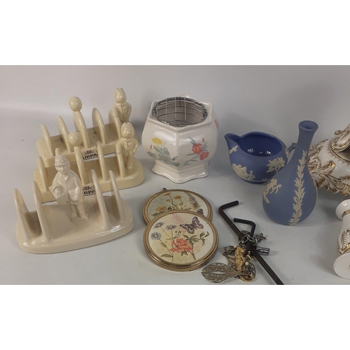 437 - A mixed box of mostly ceramic items to include a three TIER CAKE STAND missing the handle , WADE TOA... 