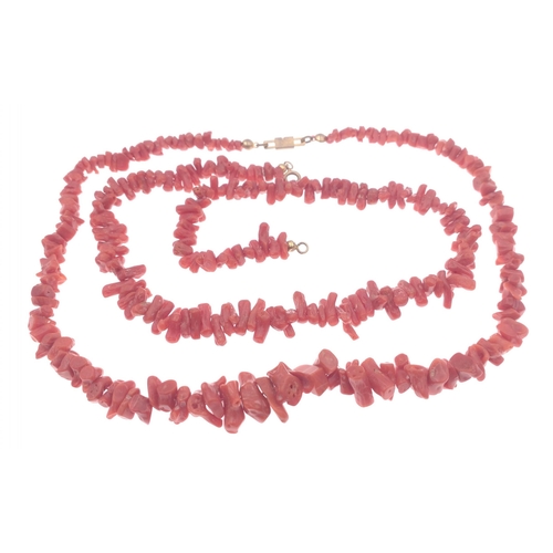 50 - Two coral necklaces, the first being 40cm long with 9ct clasp, the second approx 42cm with yellow me... 