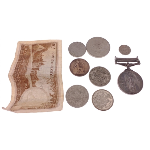 59 - A small collection of coins and notes to include a STATES OF JERSEY 10/- note, a Churchill 1965 coin... 