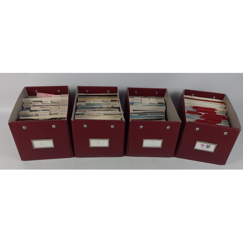 63 - Four boxes of modern postcards, sorted into categories with dividers in maroon storage boxes.#74