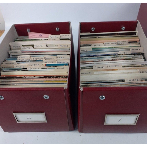 63 - Four boxes of modern postcards, sorted into categories with dividers in maroon storage boxes.#74