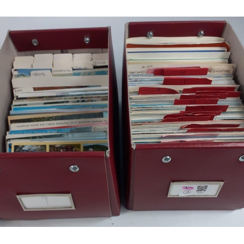 63 - Four boxes of modern postcards, sorted into categories with dividers in maroon storage boxes.#74