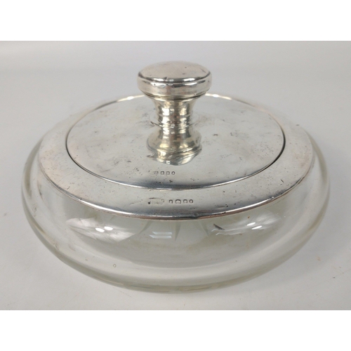 67 - A large silver lidded glass powder jar, indistinct hallmarks to both lid and collar, base diameter i... 