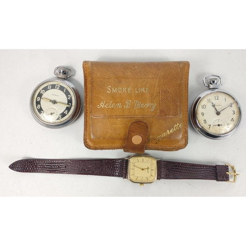 91 - Three INGERSOLL watches being 2 pocket watches in a leather pouch and a man's wrist watch (face 2.5c... 