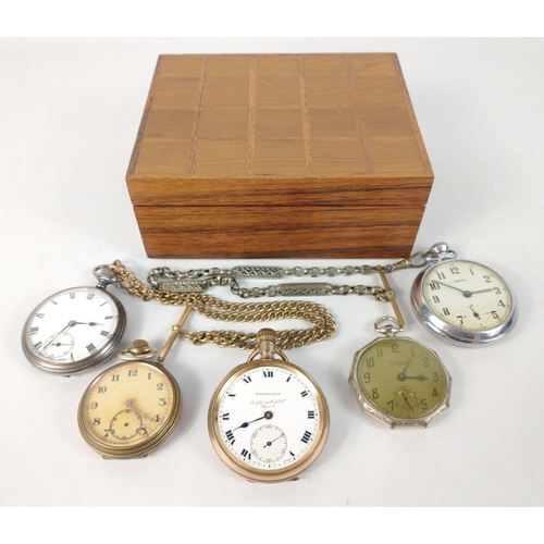 92 - A small suede-lined wooden box (14x11x6cm), complete with contents of 5 pocket watches including one... 