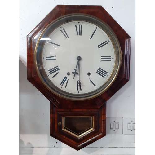 95 - NICE QUALITY! An ANTIQUE American wall clock c1905 with its winding key and brass pendulum - 60cm he... 