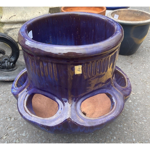 97 - A nice purple drip-glaze garden ceramic garden planter with 6 additional planting areas surrounding ... 