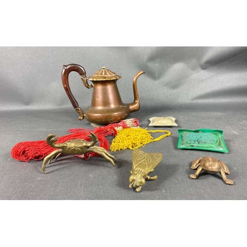 11 - A mixed metal lot to include a brass VESTA MOTH (9cm),  a copper teapot (22cm tall),  a brass frog (... 