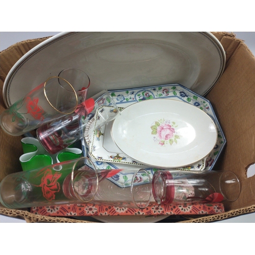 106 - A mixed box of ceramic and glass including a large meat platter and a selection of tall glasses#93... 