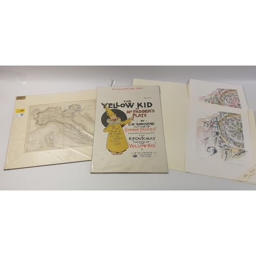 114 - Mixed lot of artwork , a print of THE YELLOW KID Comic , a small old map and two signed prints#101... 