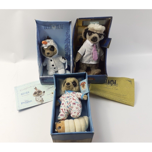 144 - A collection of three MEERKAT soft toys in boxes.  To include OLEG as OLAF from frozen, SERGEI and B... 