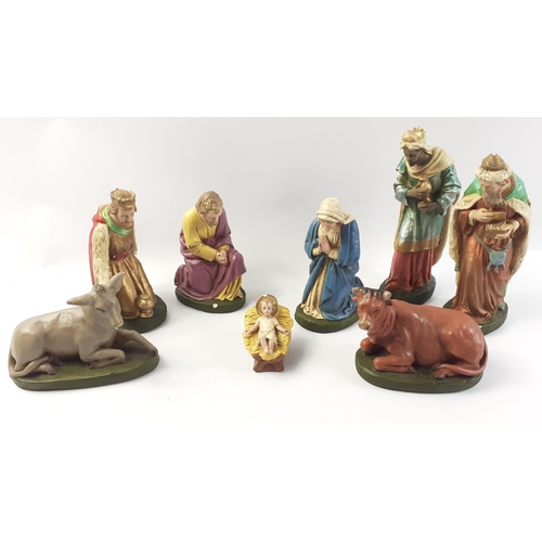 161 - An interesting older Nativity set of ceramic figures to include Mary, Joseph, Baby Jesus, three Wise... 