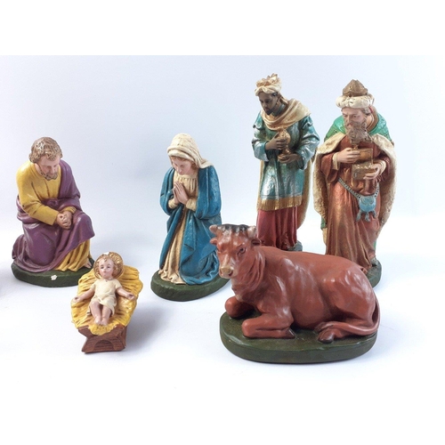 161 - An interesting older Nativity set of ceramic figures to include Mary, Joseph, Baby Jesus, three Wise... 