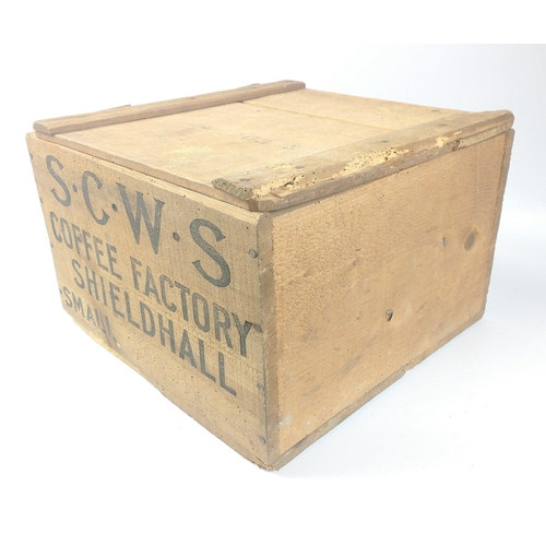 170 - Find a modern home storage solution in this wooden chest stamped S.C.W.S. COFFEE FACTORY SHIELDHALL,... 