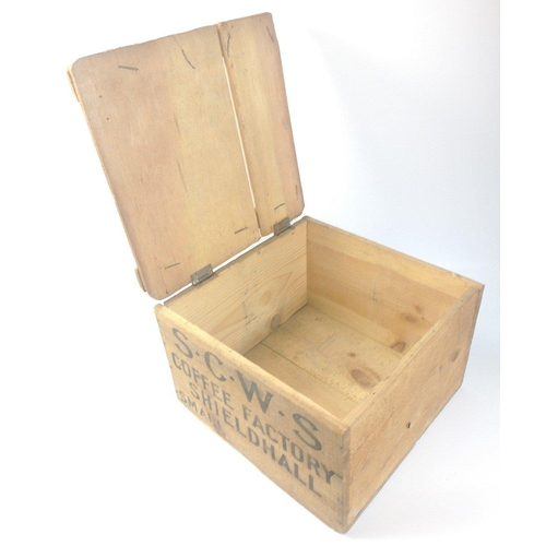 170 - Find a modern home storage solution in this wooden chest stamped S.C.W.S. COFFEE FACTORY SHIELDHALL,... 