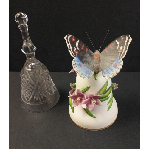 187 - Two small decorative bells a glass one and a ceramic one topped with a BUTTERFLY but sadly with some... 