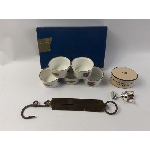 191 - Five ROYAL WORCESTER Ramekins in original box , a LINKS OF LONDON bottle stopper and a No 2 SALTERS ... 